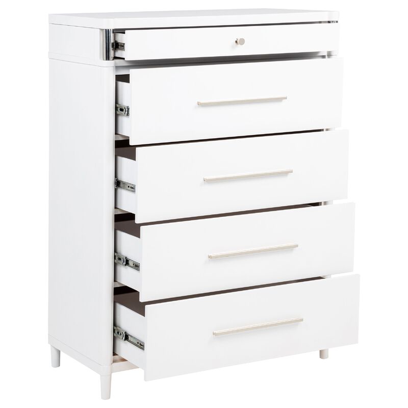 Ruvie Tall Chest 5 Drawers w Felt lined Jewellery Drawer, White Wood image number 5