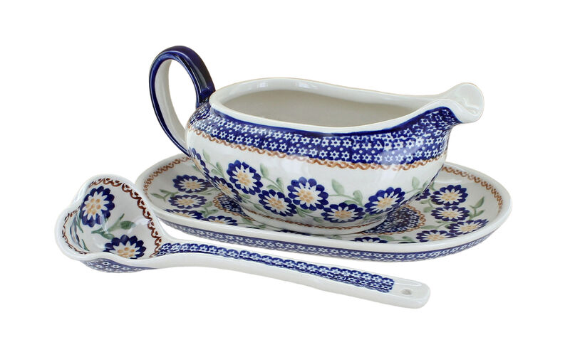 Blue Rose Polish Pottery Peach Blossom Gravy Boat & Ladle