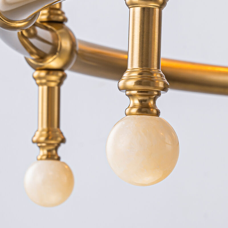 6-Light W34 Inch Warm Brass Statement Chandelier Unique Classic Lighting with White Fabric Lamp Shades and Alabaster Finials for Dining Room Living Room image number 3