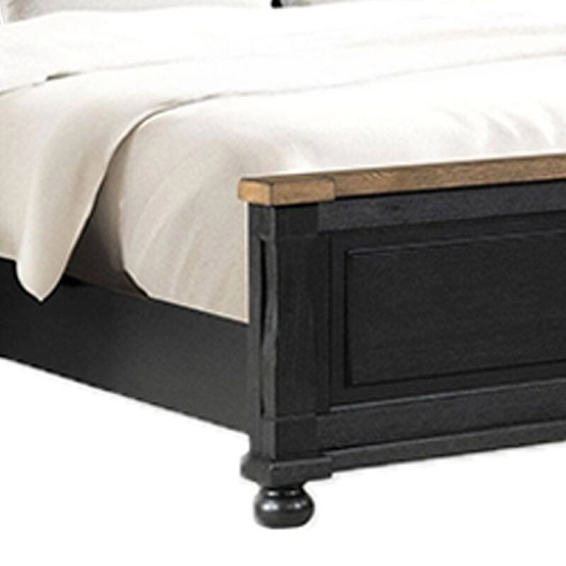 Ginie Queen Bed, Tall Headboard, Farmhouse Legs, Black, Oak Brown Wood - Benzara