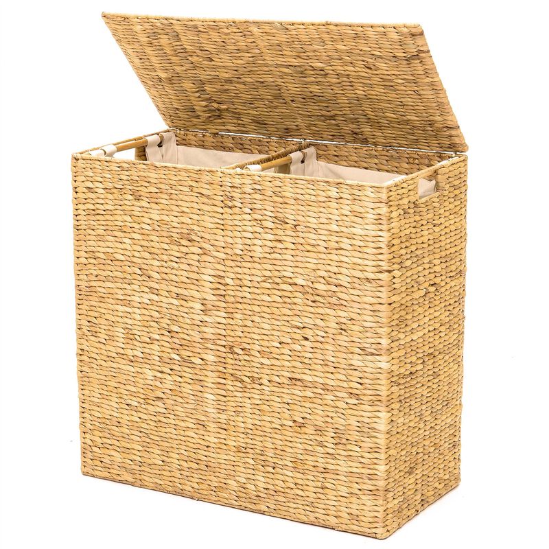 Hivvago Natural 2-Bin Handwoven Hyacinth Linen Liner Laundry Hamper w/ Handles