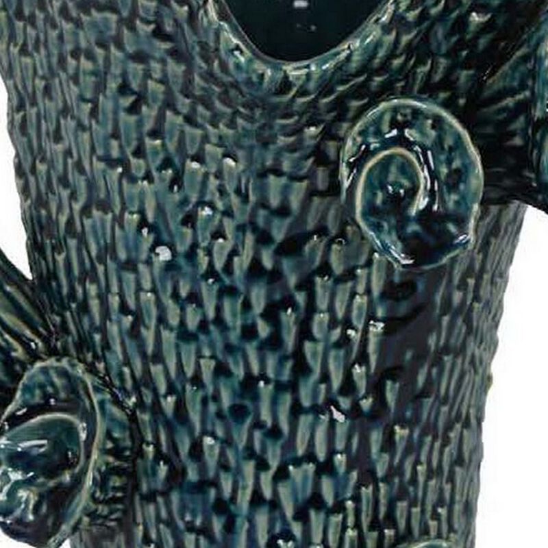 17 Inch Vase with Barnacle Design And Floral Details, Blue Ceramic Finish - Benzara