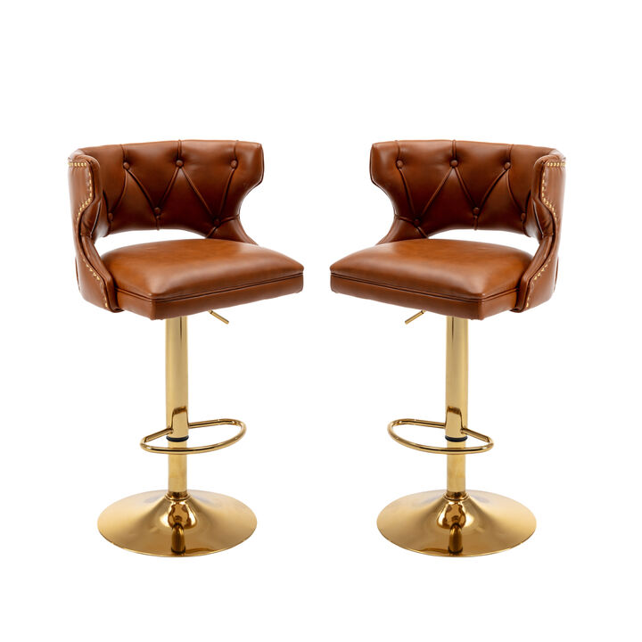Bar Stools With Back and Footrest Counter Height Dining Chairs -Leather Brown-2 PCS/SET