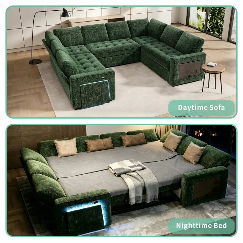 102" 8-Seat U-Shaped Modular Sectional Sleeper Sofa with Pull Out Bed, Chenille Reclining Backrests image number 9