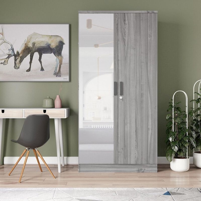 Mirrored 2 Door Wardrobe in Grey Color