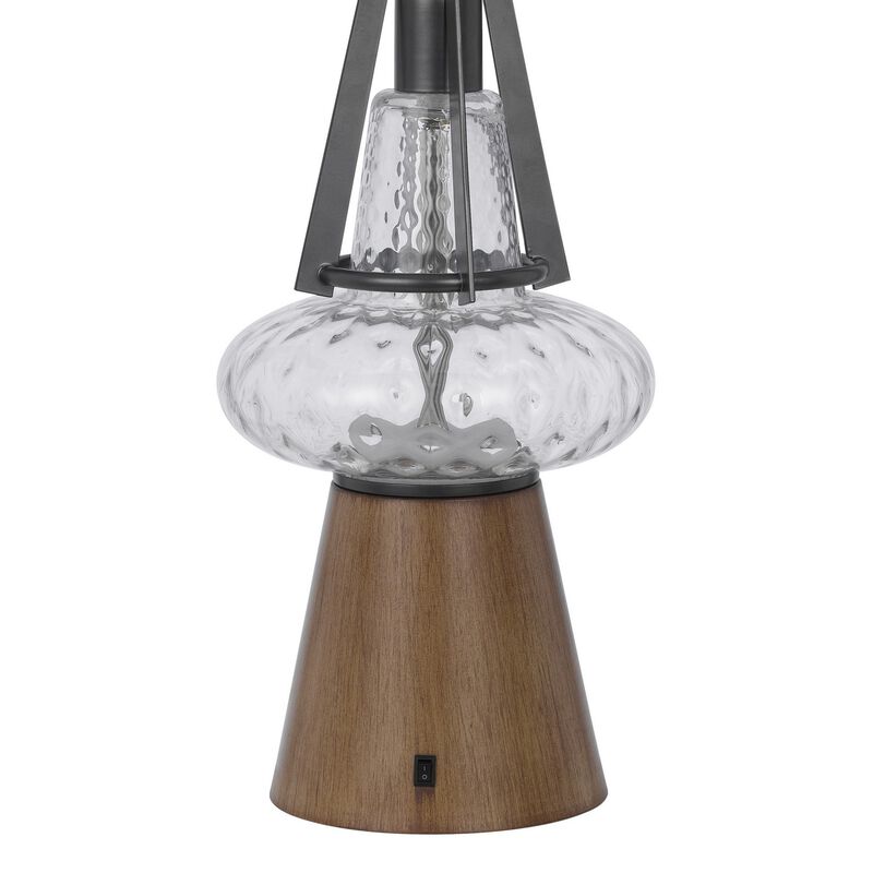 Leya 30 Inch Table Lamp, Lantern Style Glass Base, White Fabric Shade - Benzara