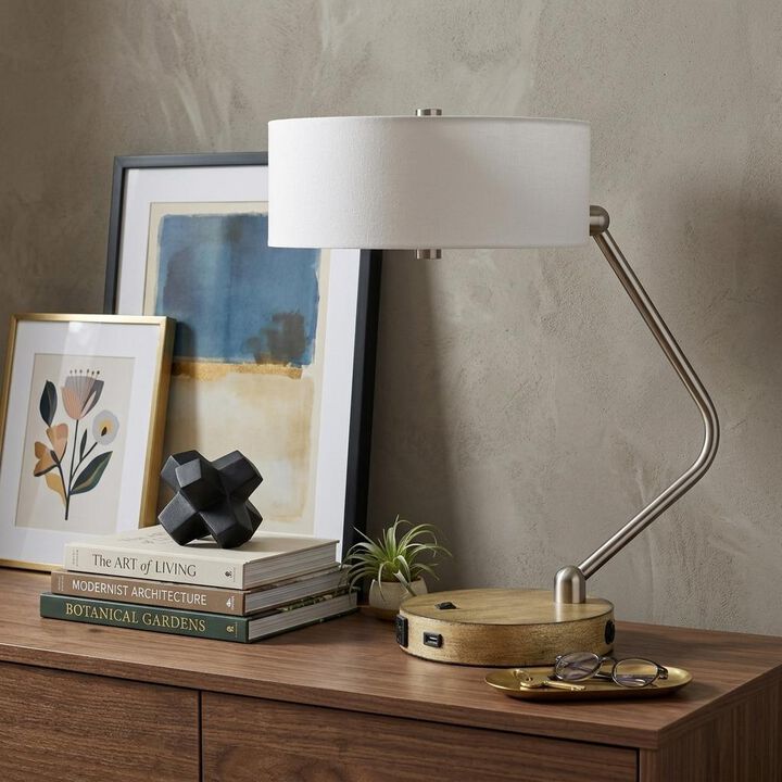 HomeRoots 20" Brown Metal Two Light Lantern Desk USB Table Lamp With White Drum Shade