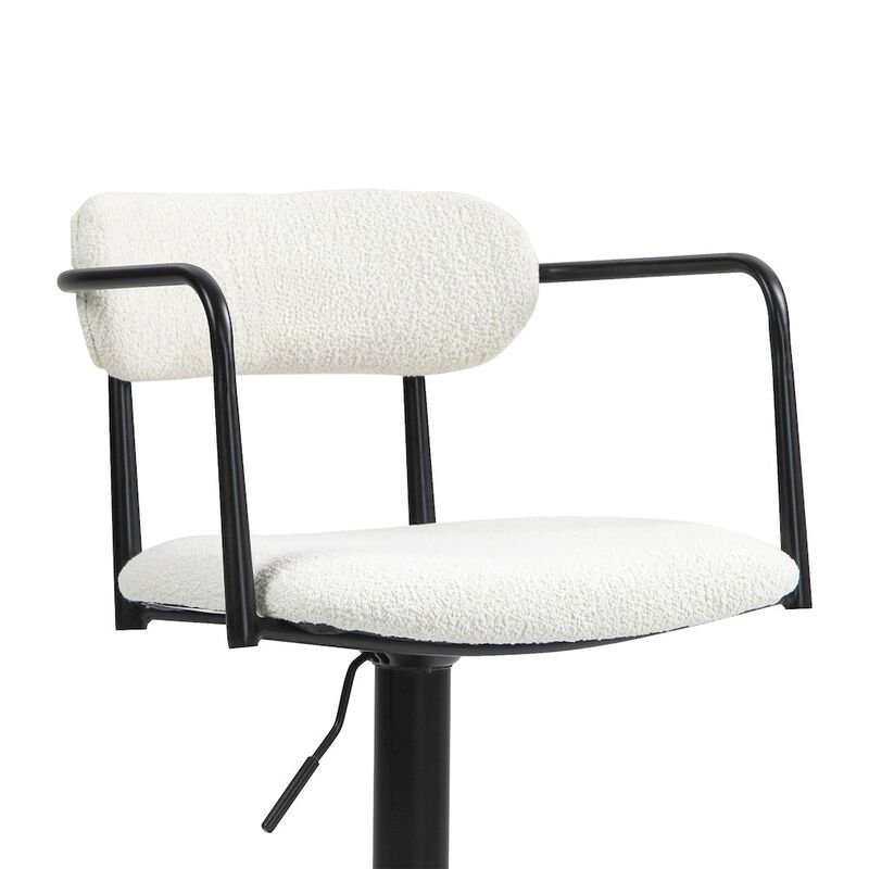 Glamour Home Beige Boucle Fabric Adjustable Swivel Bar Stool Black Iron Arms and Pedestal Leg