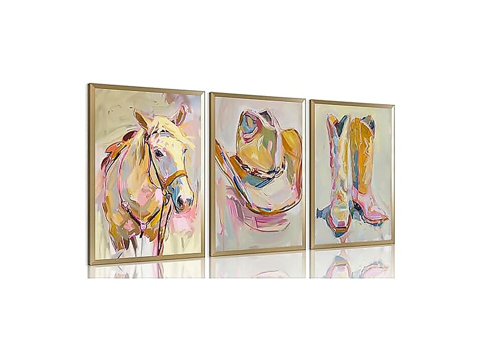 Set 3 Pink Cowgirl Wall Art 12 X 16 Inch Unframed Horse Western Hat Boots Girly