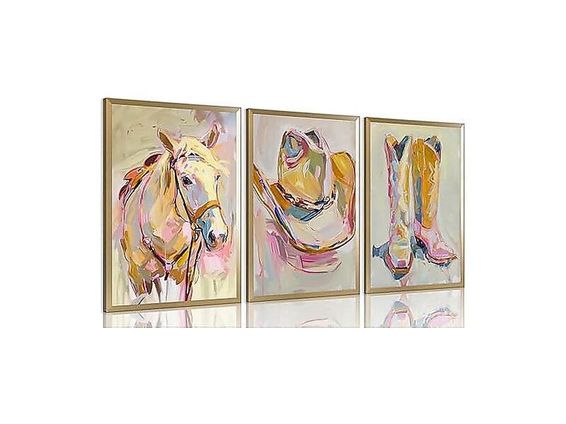 Set 3 Pink Cowgirl Wall Art 12 X 16 Inch Unframed Horse Western Hat Boots Girly image number 0