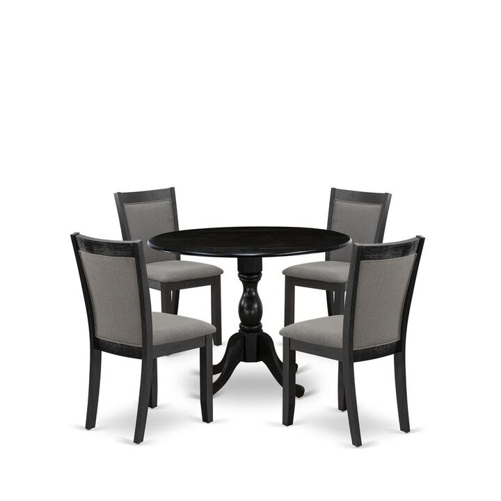 East West Furniture 5-Pc Kitchen Dining Set Consists of a Dinner Table with Drop Leaves and 4 Dark Gotham Grey Linen Fabric Upholstered Chairs - Wire Brushed Black Finish