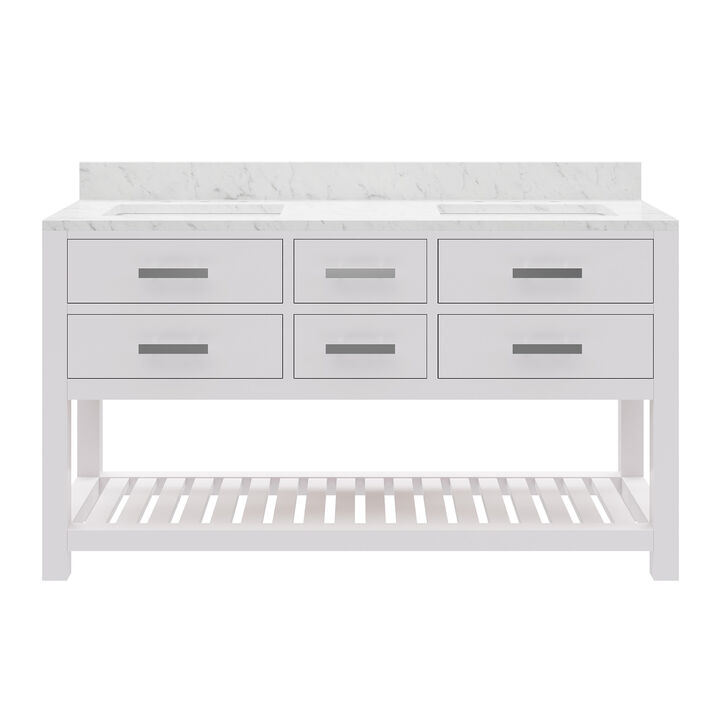 Madalyn 60 In. Double Sink Carrara White Marble Countertop Bath Vanity in Pure White