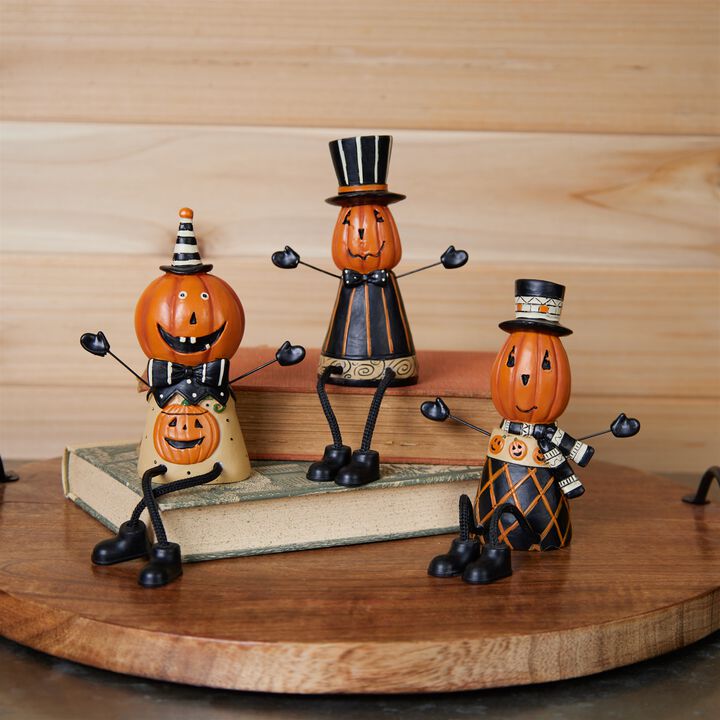 Halloween Pumpkin Shelf Sitter Set – 3-Piece Jack-o'-Lantern Decor for Fireplace Mantel, Table, or Window Ledge