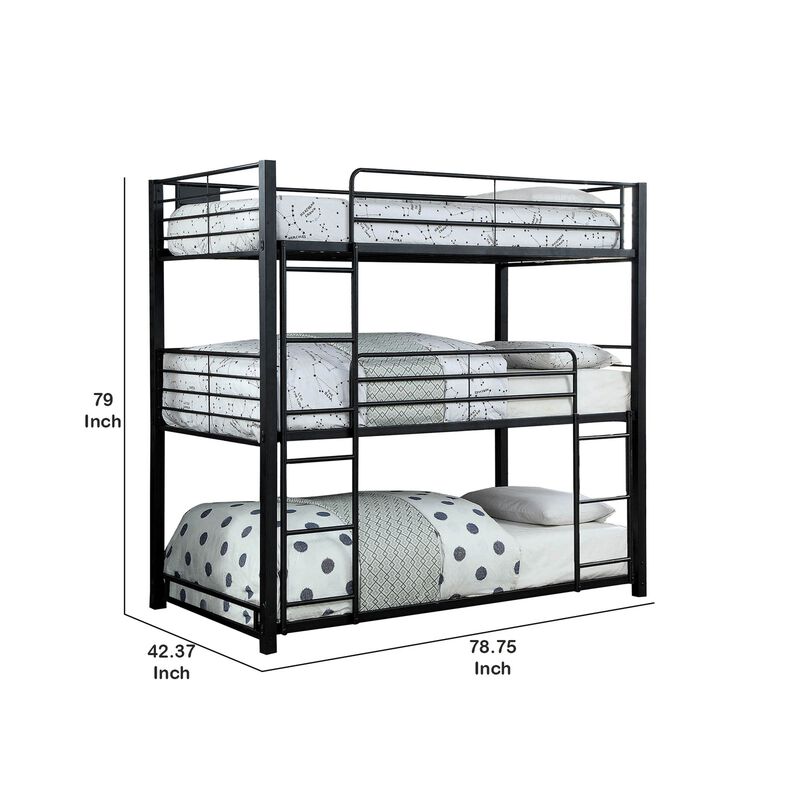 3 Tier Bunk Bed with Attached Ladders, Black-Benzara