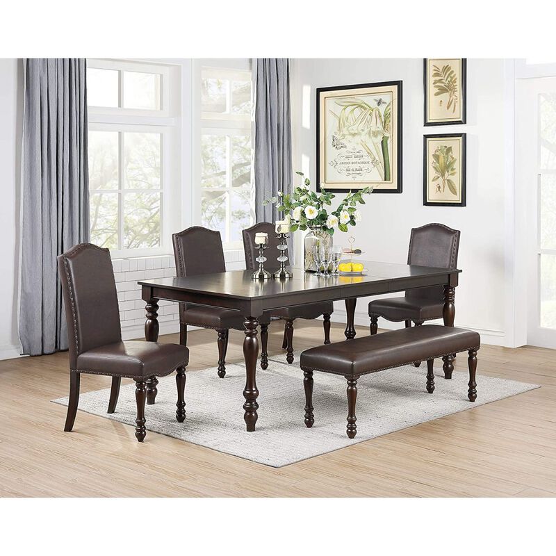 Classic Design Cherry Finish Faux Leather 1x Bench Dining Room Furniture Rubber wood Foam Cushion Carved Legs