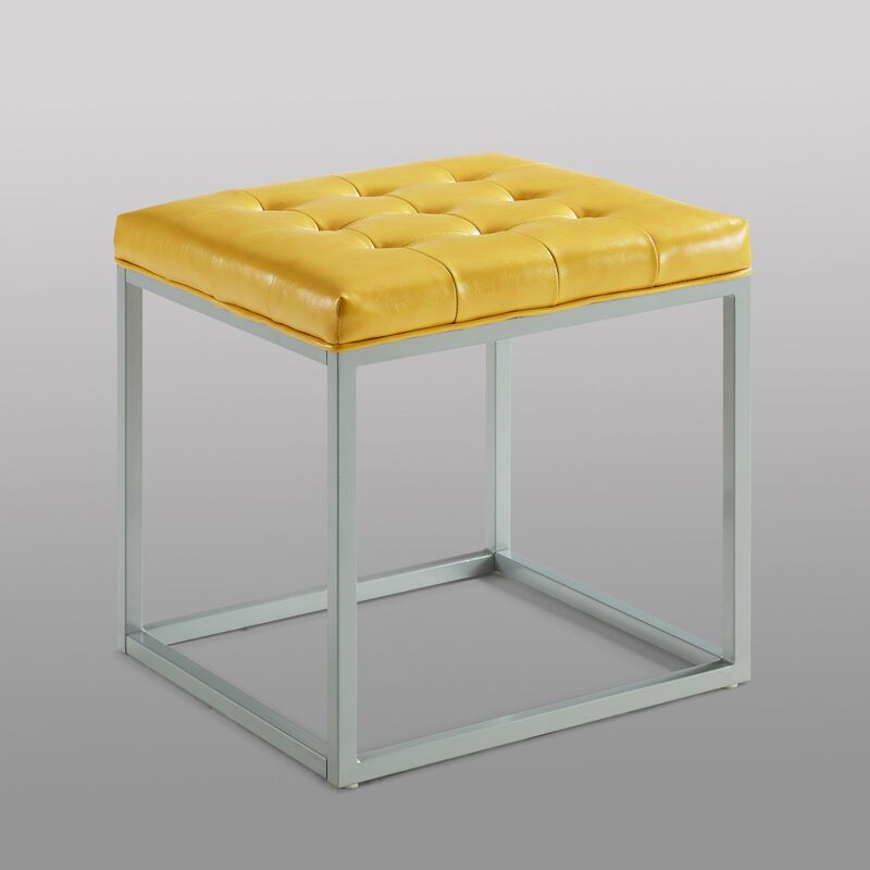 Homezia 18" Golden Yellow Faux Leather And Silver Cube Ottoman
