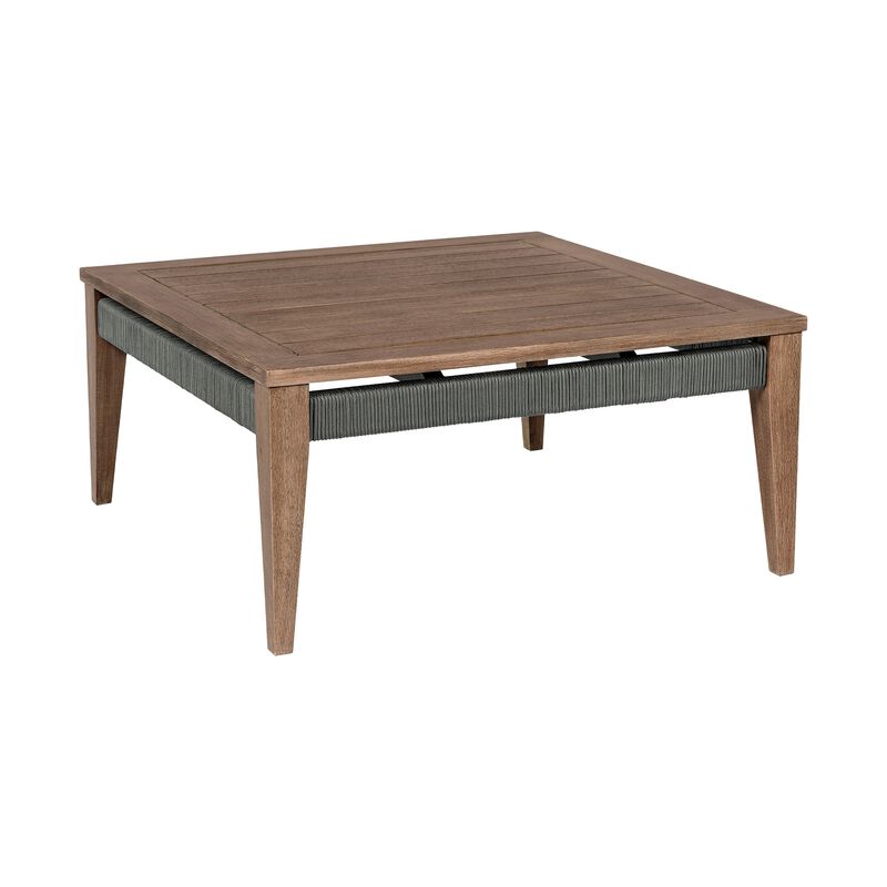 Kimi 36 Inch Outdoor Coffee Table, Brown Eucalyptus Wood, Woven Rope Apron - Benzara