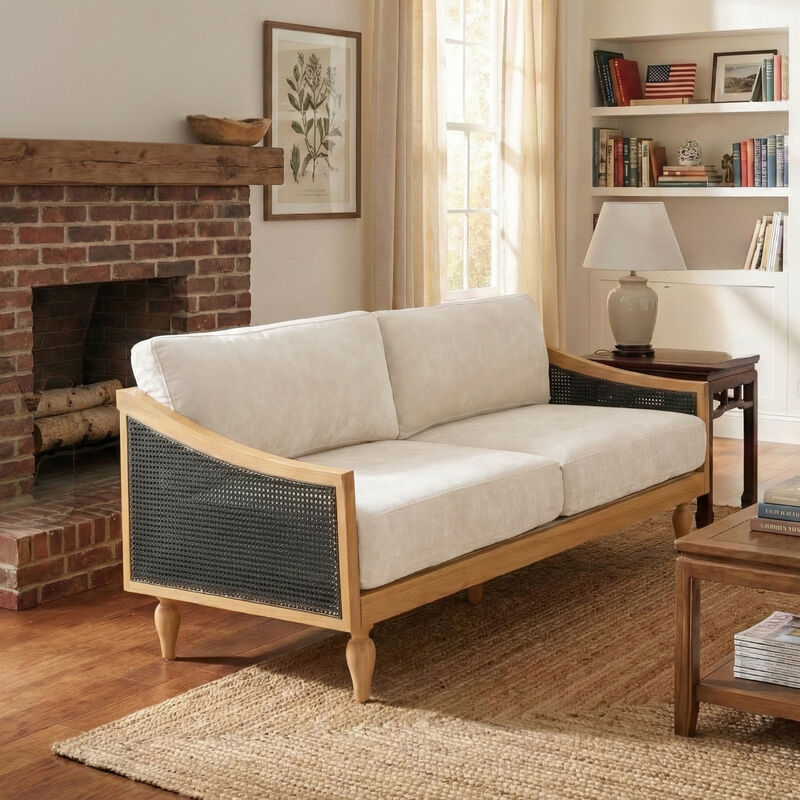 Merax Rubberwood Frame 2 Seater Chenille Loveseat Rattan Woven Side Panels with High-Density Foam Cushions image number 1