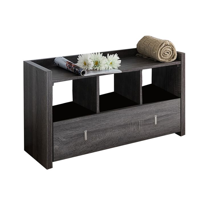 Wooden Storage Shoe Rack Bench With 3 Shelves and Raised Top, Distressed Gray- Benzara
