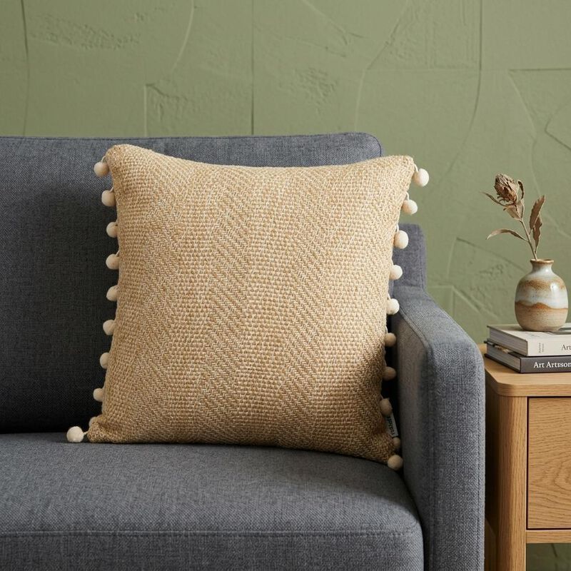 HomeRoots 18" Beige and White Weave Cotton Throw Pillow With Pom Poms image number 1
