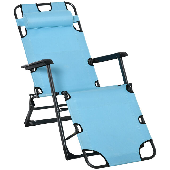 Outsunny Folding Chaise Lounge Chair for Outside, 2-in-1 Tanning Chair with Pillow & Pocket, Adjustable Pool Chair for Beach, Patio, Lawn, Deck, Blue