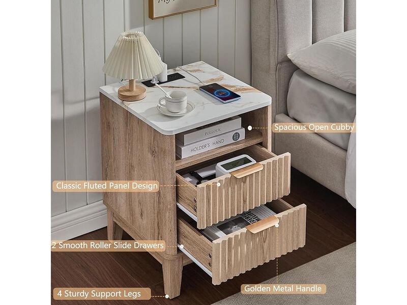 GIAJORYA 2 Drawers Night Stand Fluted Curved Wood End Table for Bedroom image number 3
