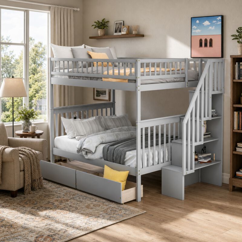 Whisen Full Over Full Bunk Bed with 2 Drawers & Guardrail, Solid Pine for Kids Bedroom image number 1