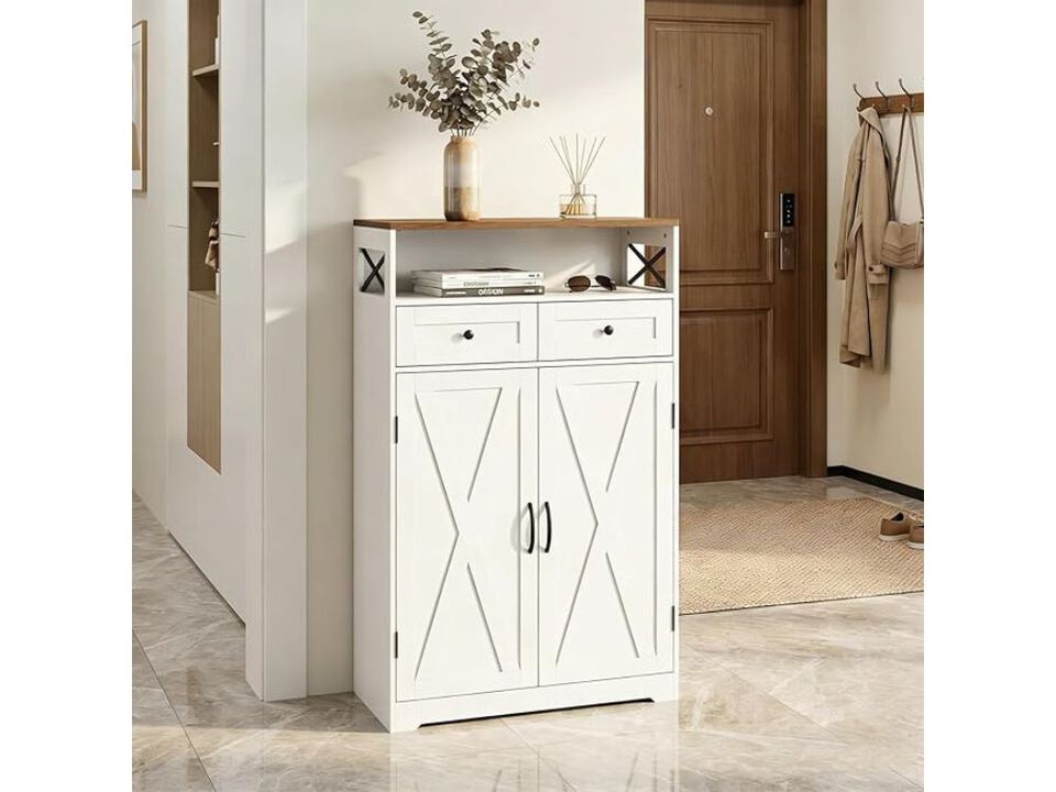 Slim Entryway Shoe Storage Cabinet Adjustable Shelves White