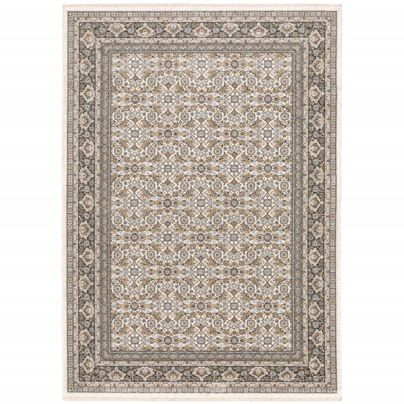 5 X 8 Ivory And grey Oriental Power Loom Stain Resistant Area Rug With Fringe