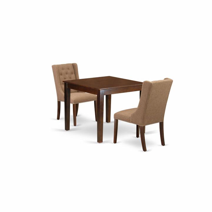 East West Furniture OXFO3-MAH-47 3-Pc Dinette Room Set Includes 1 Modern Kitchen Table and 2 Light Sable Linen Fabric Upholstered Dining Chairs with Button Tufted Back - Mahogany Finish