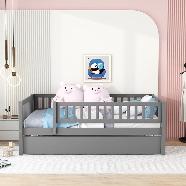 Whisen Full Size Wood Daybed with Trundle & Guardrails, Solid Wood & MDF Low Profile Bed for Kids Bedroom