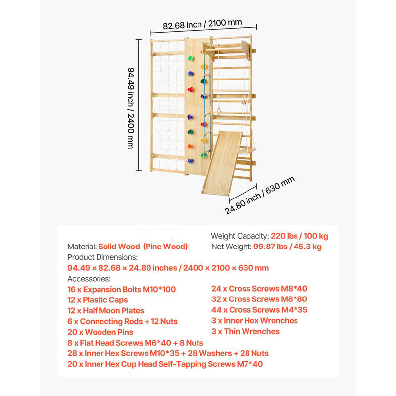 9 in 1 Swedish Ladder Wall Gym with Rock Climbing Wall and Swing image number 2