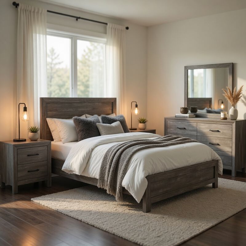 King Bedroom Set, Farmhouse Style, Gray, 5 Piece Set with 2 Nightstands, Dresser, and Mirror image number 8