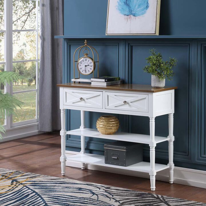 Convenience Concepts Country Oxford 2 Drawer Console Table with Shelves, Driftwood Top/White Frame