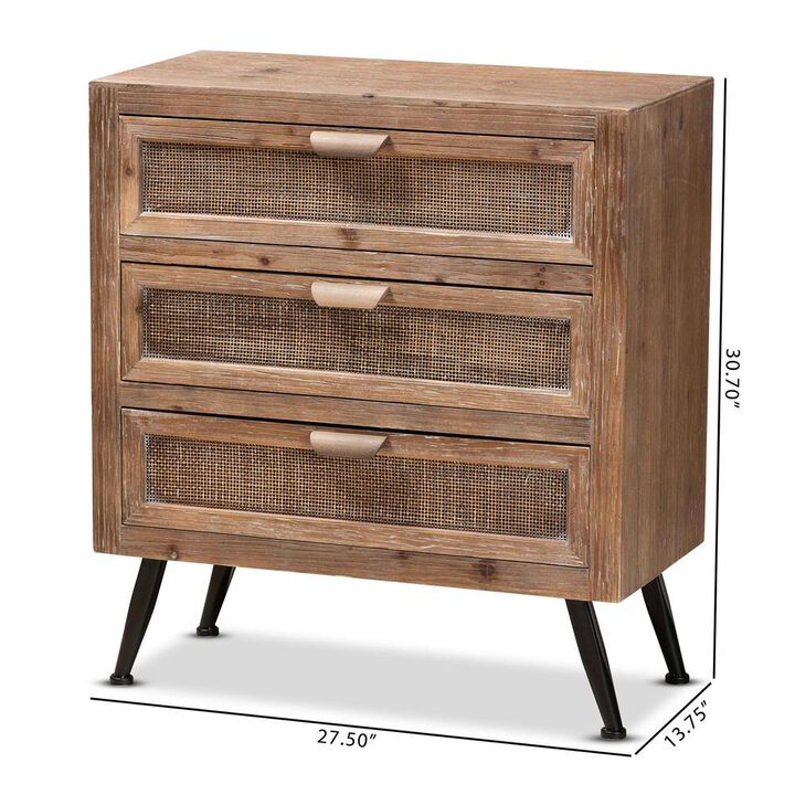 Baxton Studio Whitewashed Natural Brown Finished Wood and Rattan 3-Drawer Storage Cabinet