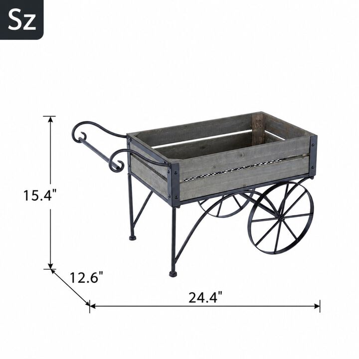 WOW PIONEER Rustic Trolley Cart Plant Stand with Pine Wood Shelves and Iron Frame for Indoor Patio Porch Greenhouse Plant Display