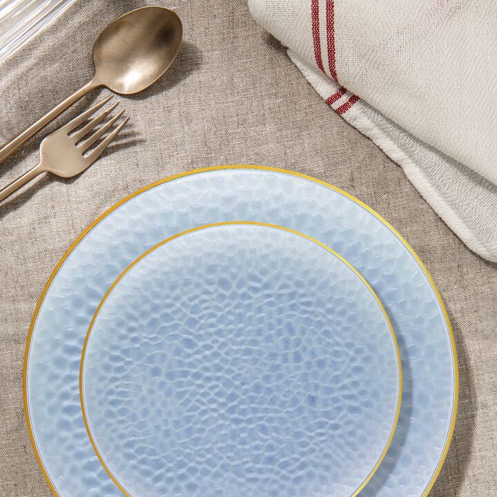 Clear Blue with Gold Rim Hammered Glass Plastic Dinnerware Value Set (60 Sets)