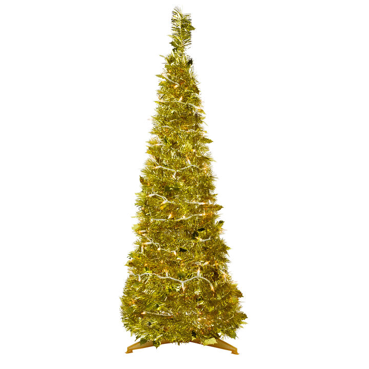 4' Pre-Lit Gold Tinsel Pop-Up Artificial Christmas Tree  Clear Lights