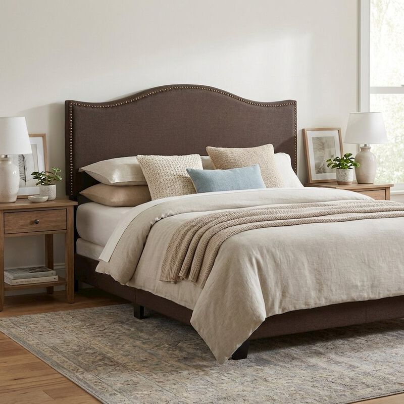 Upholstered Queen Headboard with Nailhead Trim and Curved Design image number 3