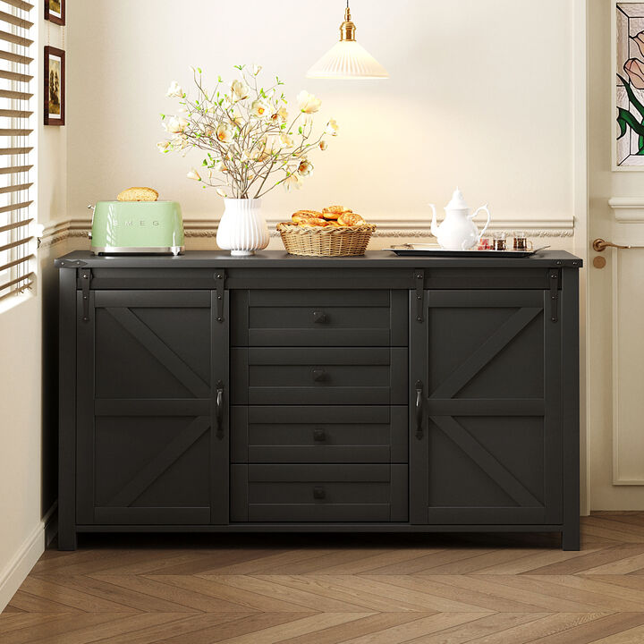 55.1-Inch Sideboard with Storage,Farmhouse Storage Cabinet , Wood Buffet Table with Power Outlet