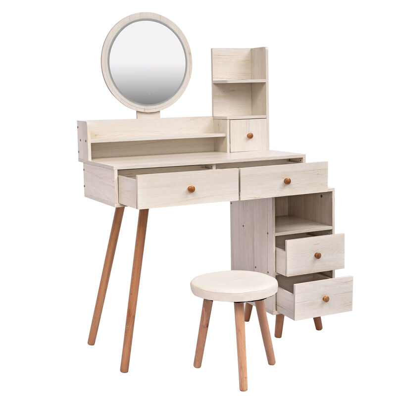 Stylish Vanity Table + Cushioned Stool, Touch Control LED Mirror, Large Capacity Storage Cabinet, 5 Drawers, Fashionable Makeup Furniture, Length Adjustable(L31.5"-43.2" x W15.8" x H48.1")