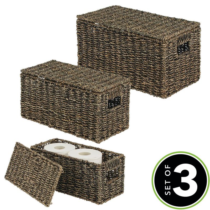 mDesign Woven Seagrass Home Storage Basket with Lid, Set of 3 - Brown Finish image number 3