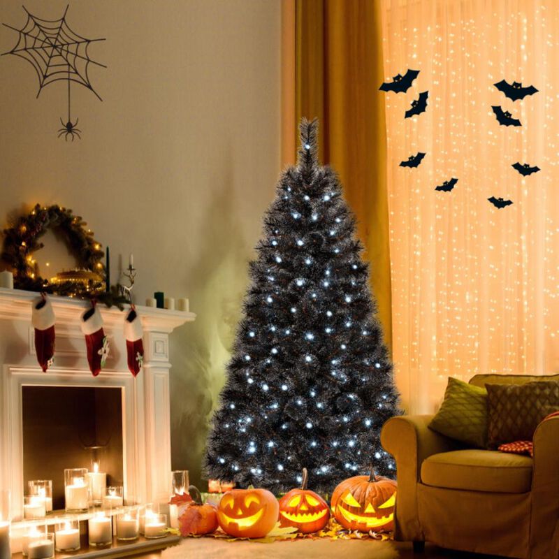 Hivvago Black Artificial Halloween Christmas Tree with PVC Branch Tips and Cool White LED Lights