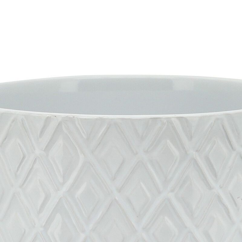 Ceramic Planter with Diamond Pattern and Wooden Stand, White-Benzara