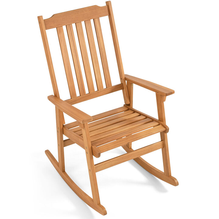 Outdoor Natural Wooden Rocking Chair with Acacia Wood High Back Design