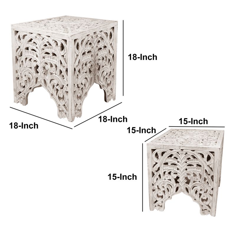 Wooden End Table with Floral Cut Out Design, Set of 2, Antique White-Benzara