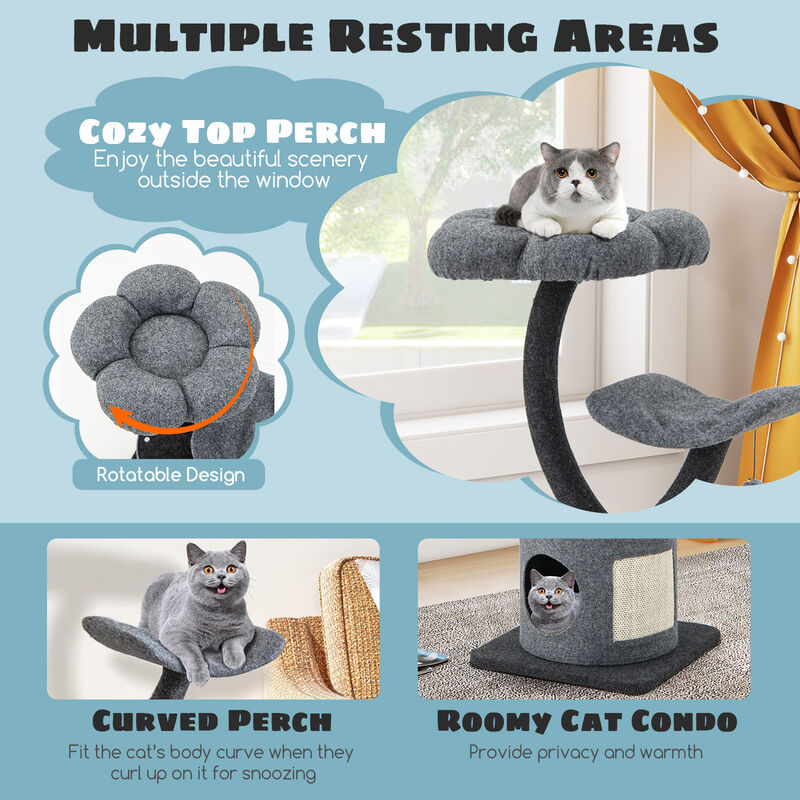 Cat Tree for Indoor Cats with Curved Metal Supporting Frame for Large & Small Cats-Grey