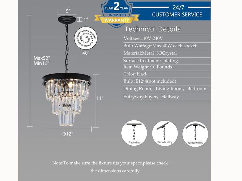 12" Black Crystal Chandelier – 4-Light 3-Tier Pendant for Dining Room, Kitchen Island & Entryway (G9 or E12 Base)