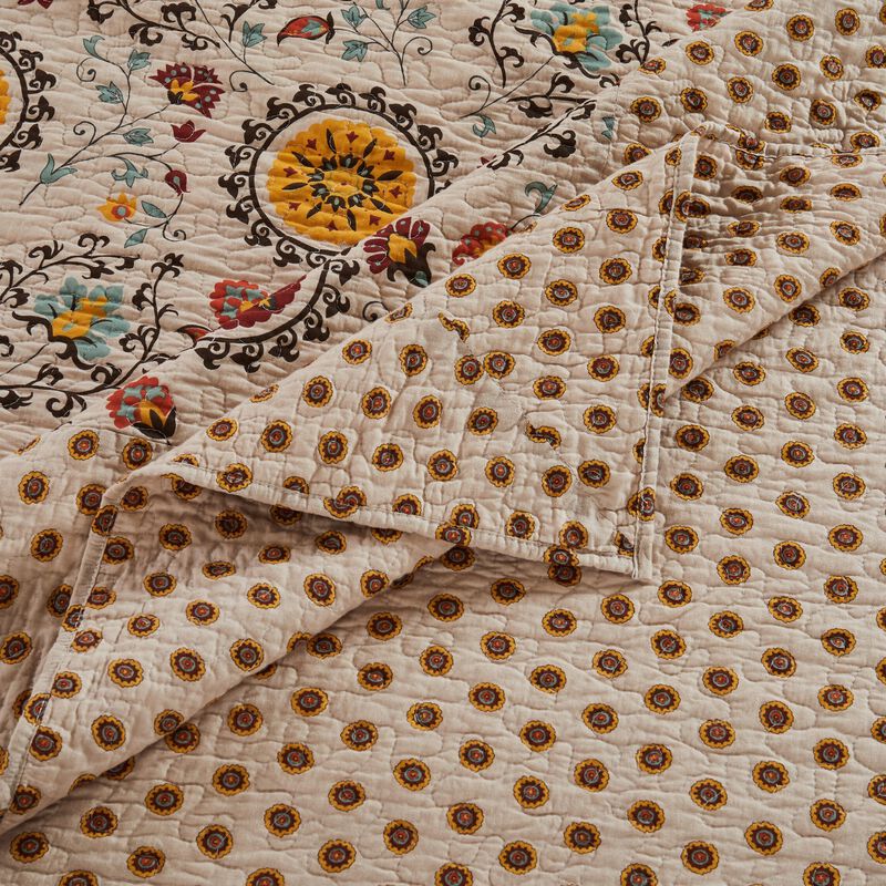 Dorra 3pc Queen Bedspread Set, 2 Shams, Floral Crest, Beige Yellow Cotton - Benzara