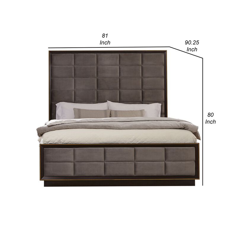 Hena California King Bed, Grid Tufted Taupe Upholstered Tall Panel Headboard - Benzara